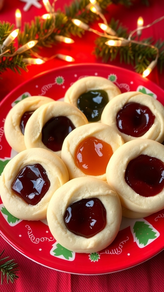 A plate of thumbprint cookies with jam filling, decorated for Christmas.